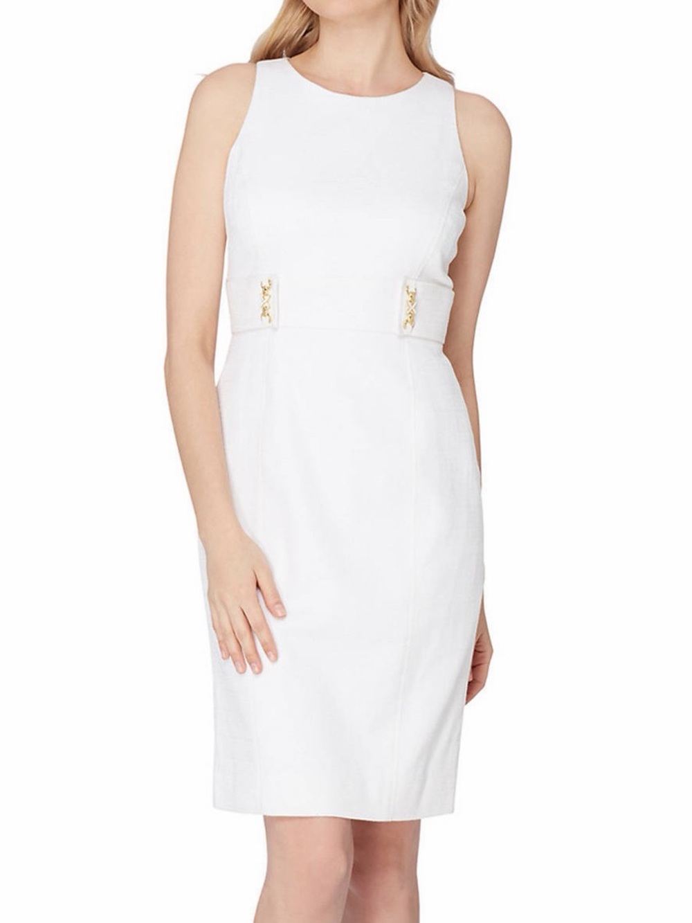 Sleeveless White Midi Sheath Dress with Gold Buckle Detail